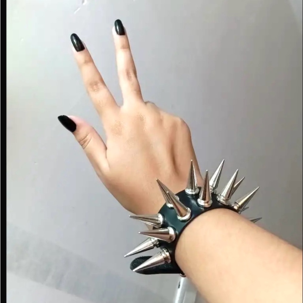 Extra Spiked Black and silver Pu leather punk goth bracelet emo  brand new
